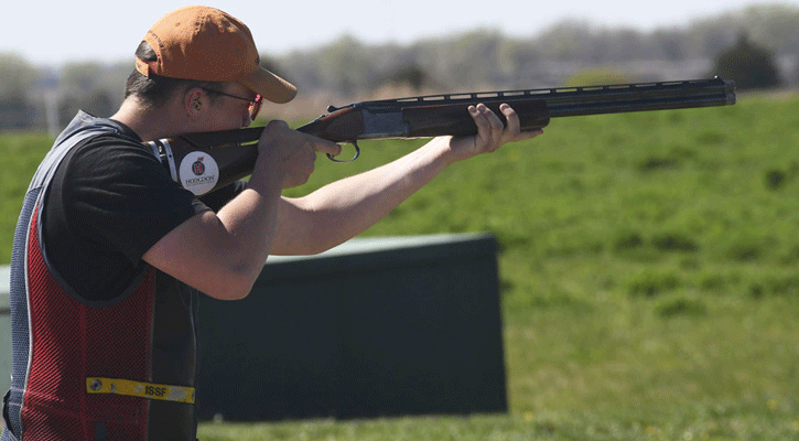 Zach Hinze of Republican River 4-H shoots during his victory in the junior high competition in the 51st Cornhusker Trap Shoot on Thursday. (Nebraska Game and Parks Commission)