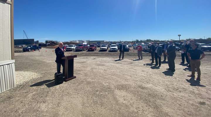 <b>U.S. Senator Jerry Moran speaks to the group assembled at the Schwan's construction site Friday.</b> Photo courtesy Moran's office