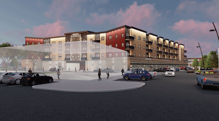 A rendering provided by Rev Development shows a new structure planned for the property offering retail on the main floor and apartment-style living on the upper floors.