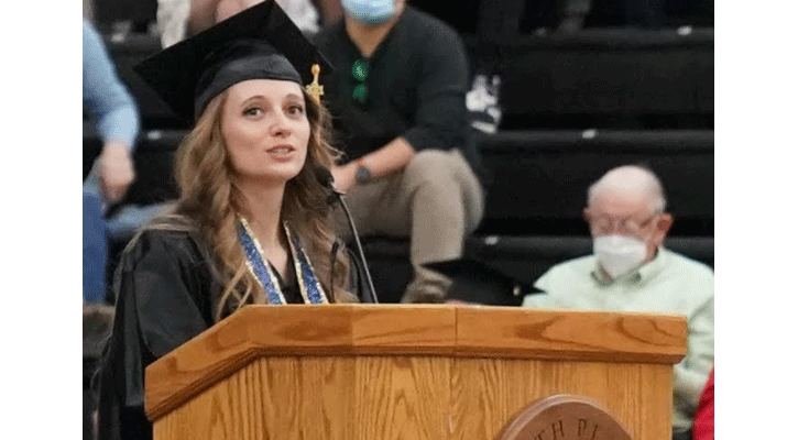 <i>Antonia Villani speaks during North Platte Community College’s commencement ceremony Friday afternoon. Villani was this year’s student commencement speaker.</i>