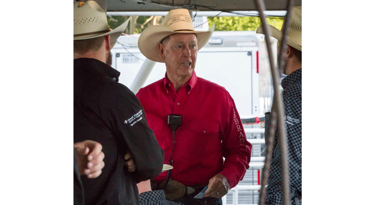 Rich Reinert, a former rodeo bullfighter, volunteers his time at the Buffalo Bill Rodeo. A former educator, he loves helping with the show, making sure it runs smoothly. Photo by Dott’s Shotts.&nbsp;&nbsp;