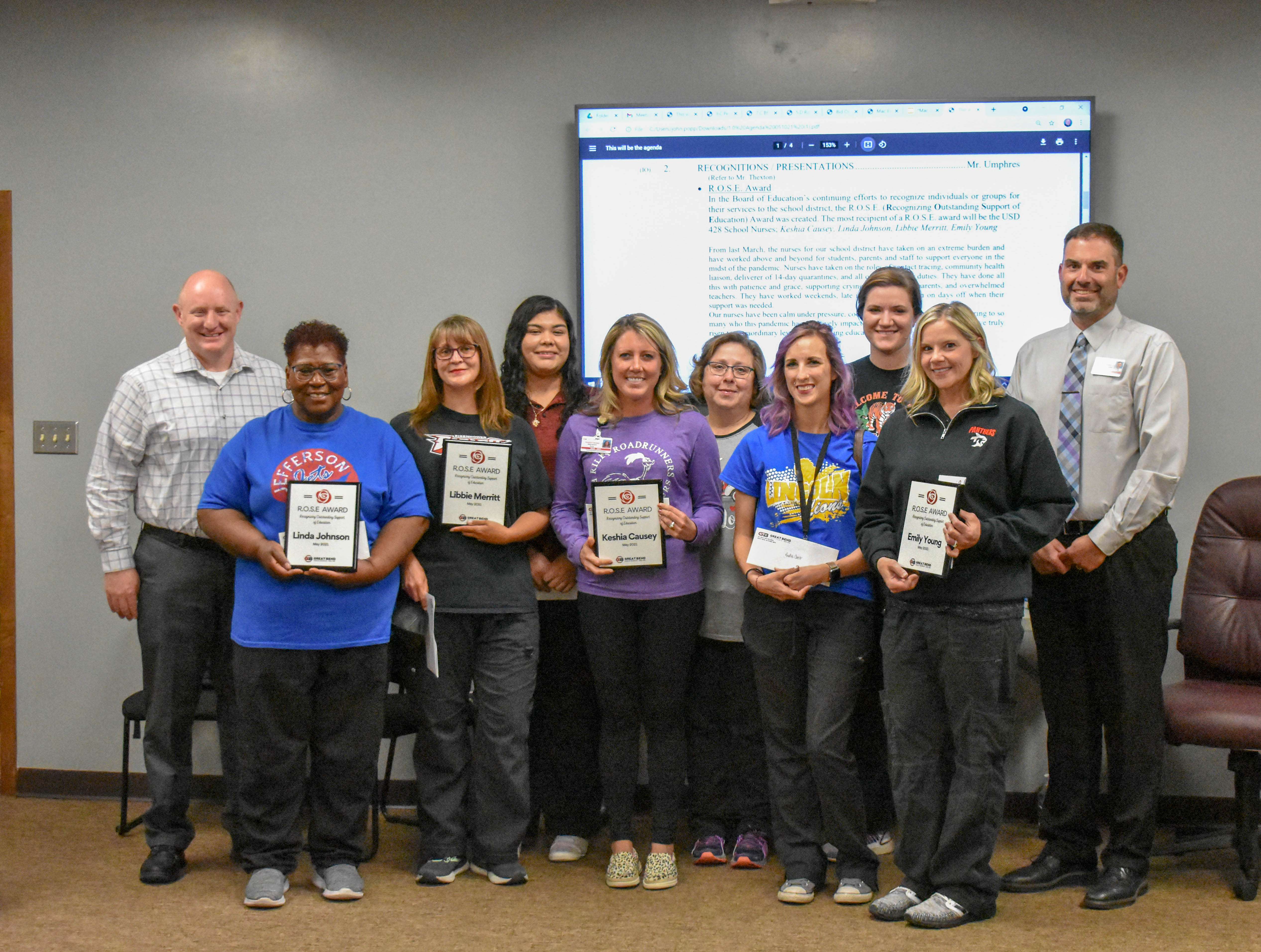 Front Row:&nbsp; Linda Johnson, RN;&nbsp;Libbie Merritt, RN;&nbsp;Keshia Causey, RN;&nbsp;Cadie Cass, CNA;&nbsp;Emily Young, RN.&nbsp; Back Row: John Popp, assistant superintendent;&nbsp;Gracie Guereca, CNA; Sharon Denney, CNA; Kalyn Blessing, CNA; Khris Thexton, superintendent.
