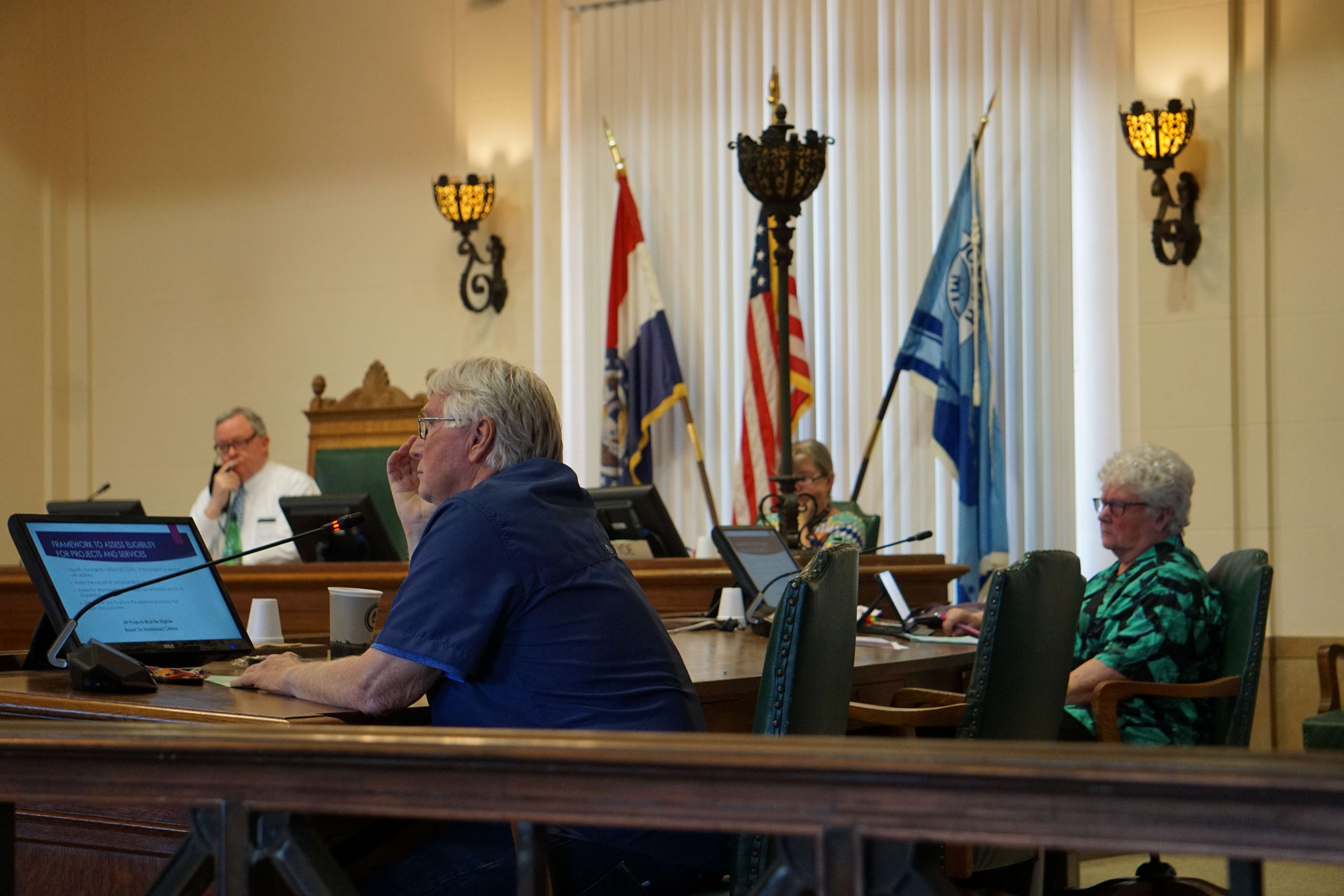 Members of the St. Joseph City Council listen in on a presentation from Community Planning and Development Director Clint Thompson regarding the city's latest COVID relief funding at a work session at City Hall Thursday. Photo by Tommy Rezac.