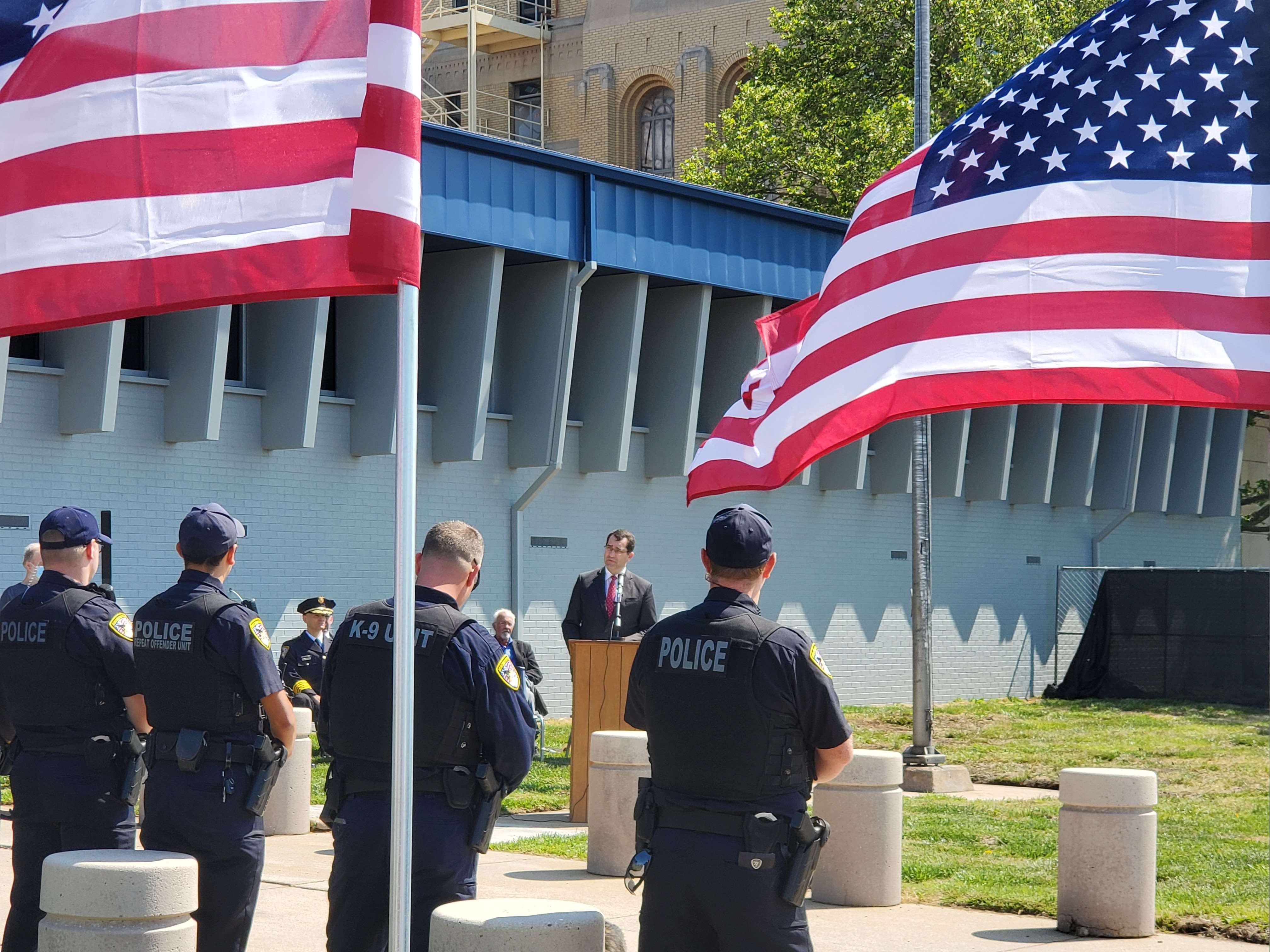 Attorney General Derek Schmidt addresses those in attendance Friday. Schmidt said officers "keep the wolves at bay."
