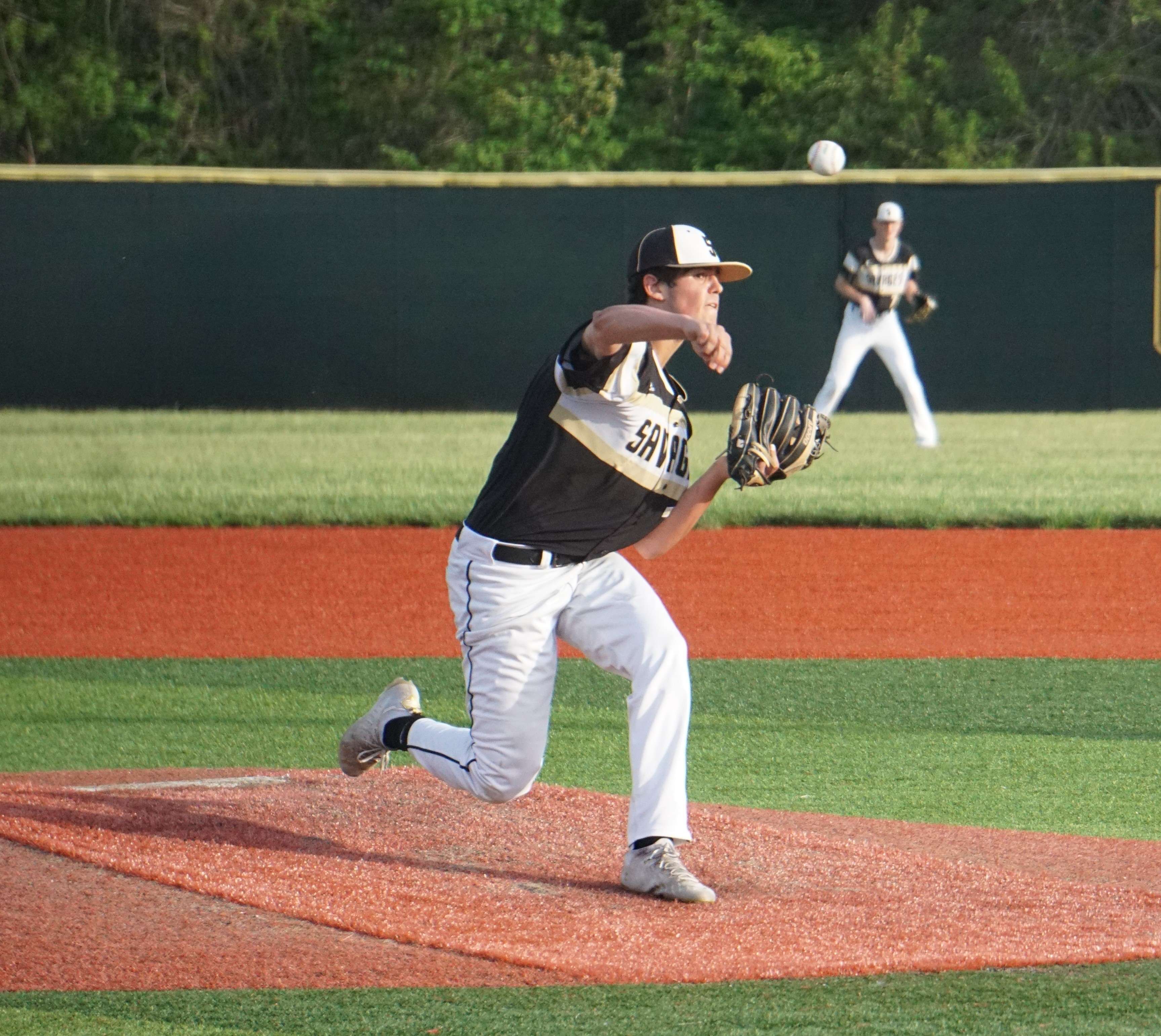 Savannah's Tyson Hilsabeck tossed a complete game in the Savages' 6-2 win over Maryville in the Class 4 District 16 semifinal Tuesday. Photo by Tommy Rezac.