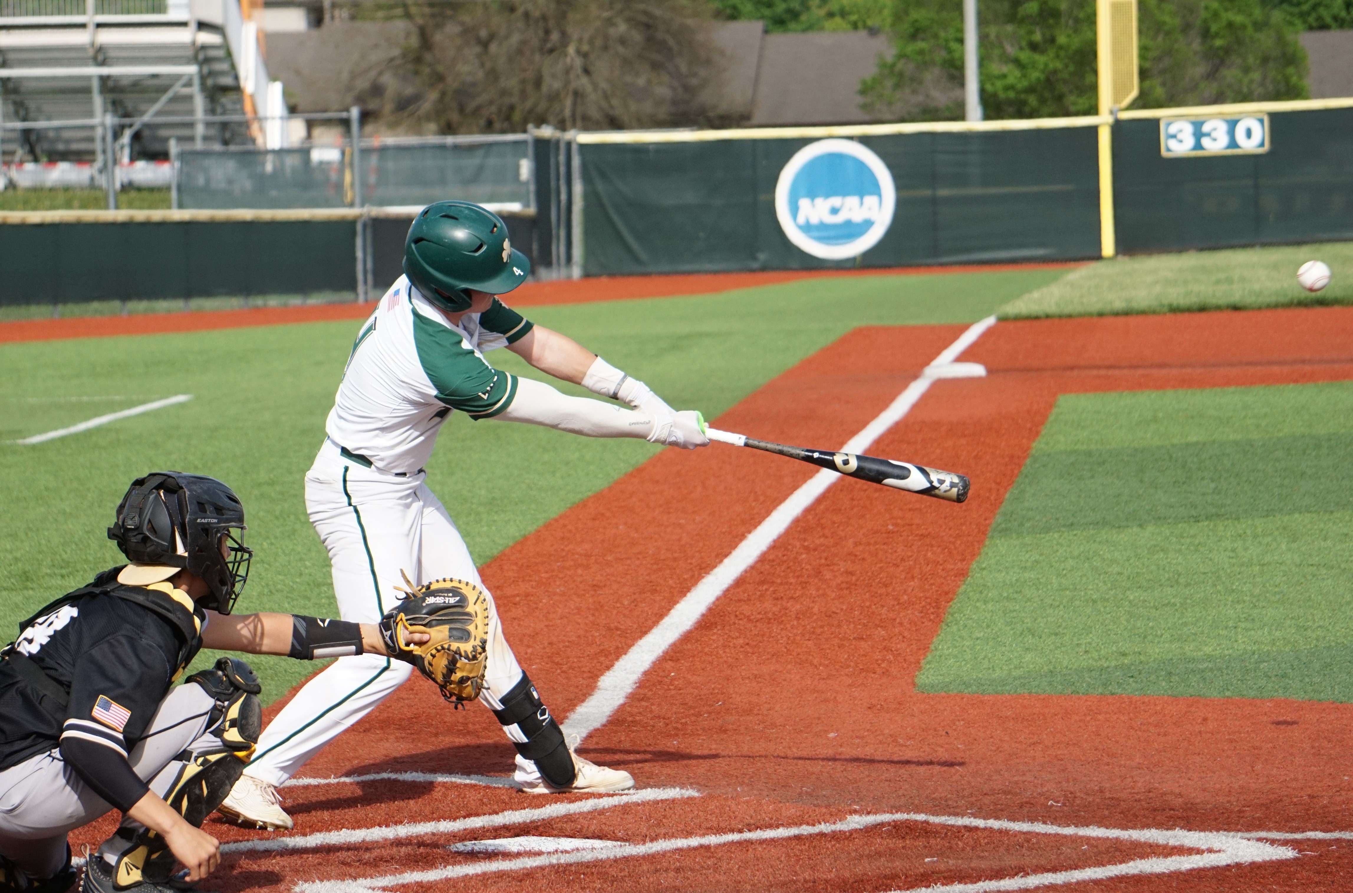 Lafayette's Chance Herie makes contact during the Irish's 9-3 win over Cameron Tuesday. Photo by Tommy Rezac.