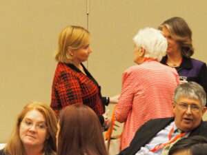 State Sen. Caryn Tyson, left, a Republican from Parker, is considered a potential candidate for the GOP nomination for state treasurer in 2022. (Tim Carpenter/Kansas Reflector)