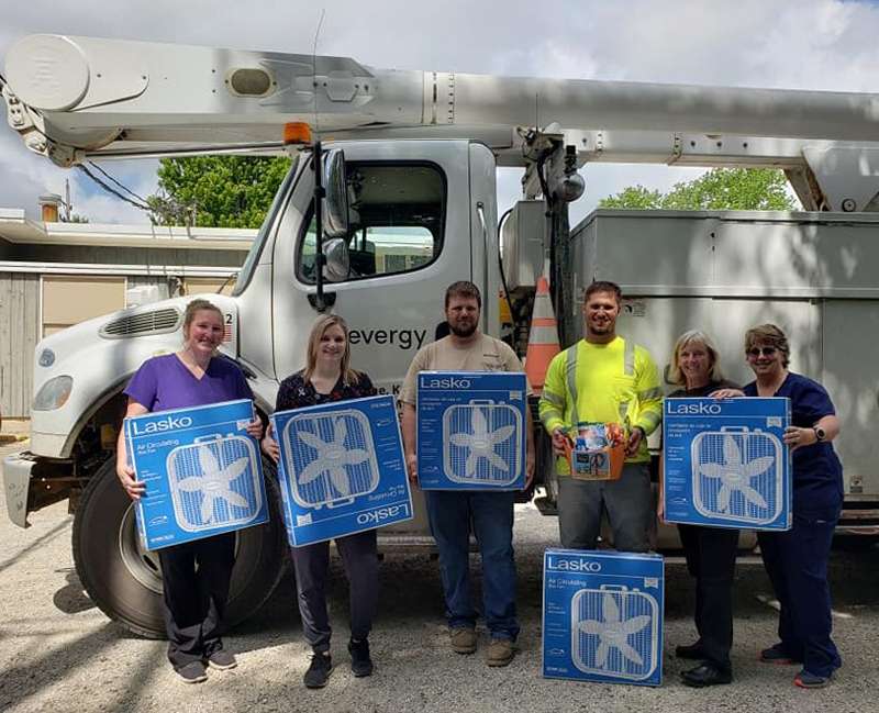 <b>From left, </b><i><b>Autumn Shomper, HHA; Melissa Peterson, RN; Justin Espeseth and Ryan Wuthnow from Evergy; Carol Whitehair, RN; and Marilee Yarrow, RN.</b> Photo courtesy Home Health and Hospice of Dickinson County</i>