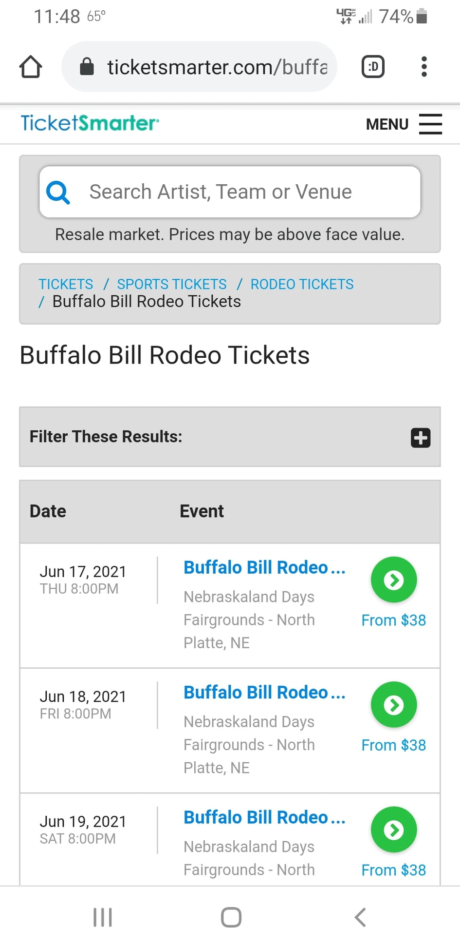 A screenshot of tickets to the Buffalo Bill Rodeo being offered by an unauthorized vendor.