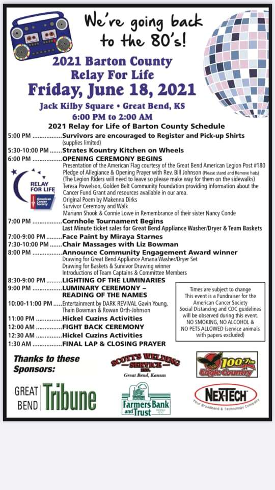 Friday's Barton County Relay for Life schedule