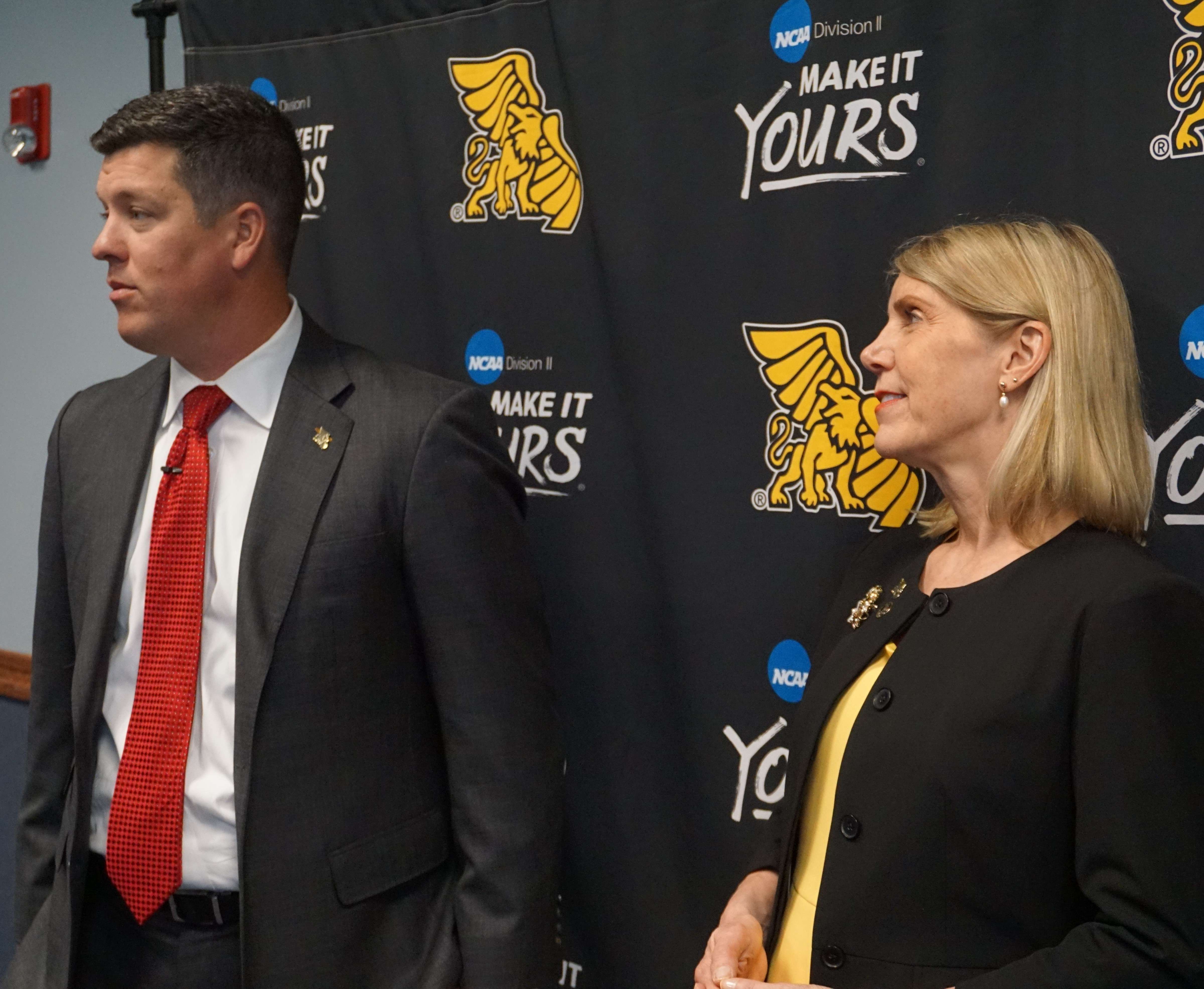 Missouri Western athletic director Josh Looney (left) and University president Elizabeth Kennedy (right) discuss the return of Chiefs' training camp Wednesday. Photo by Tommy Rezac.