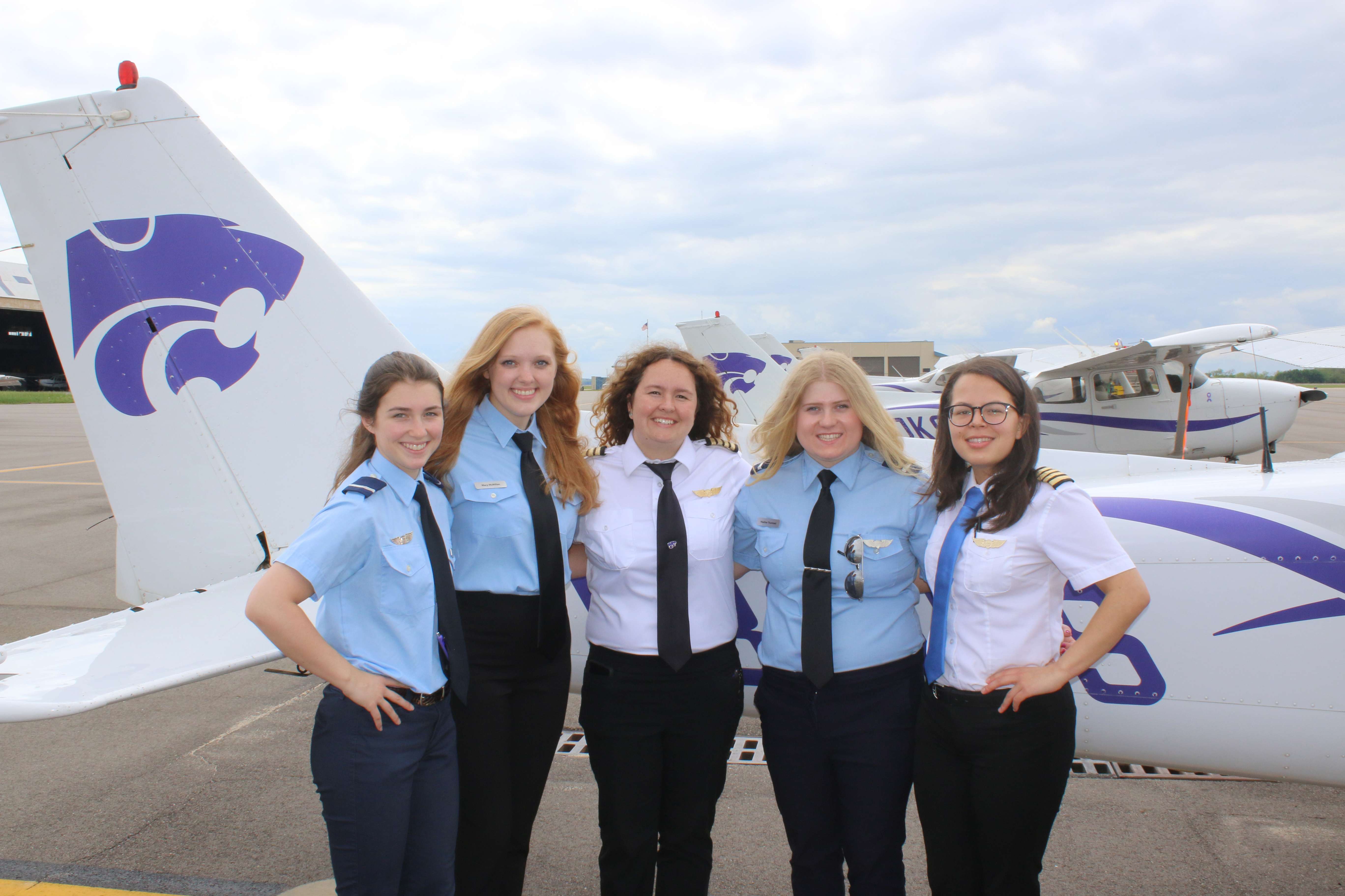<b>Piper Wasinger, Macy McMillan, Karen Morrison, Heather Thummel, and Cristina Duron Tabora are part of the growing number of women in K-State Polytechnic's professional pilot program. </b>Photos courtesy K-State Polytechnic