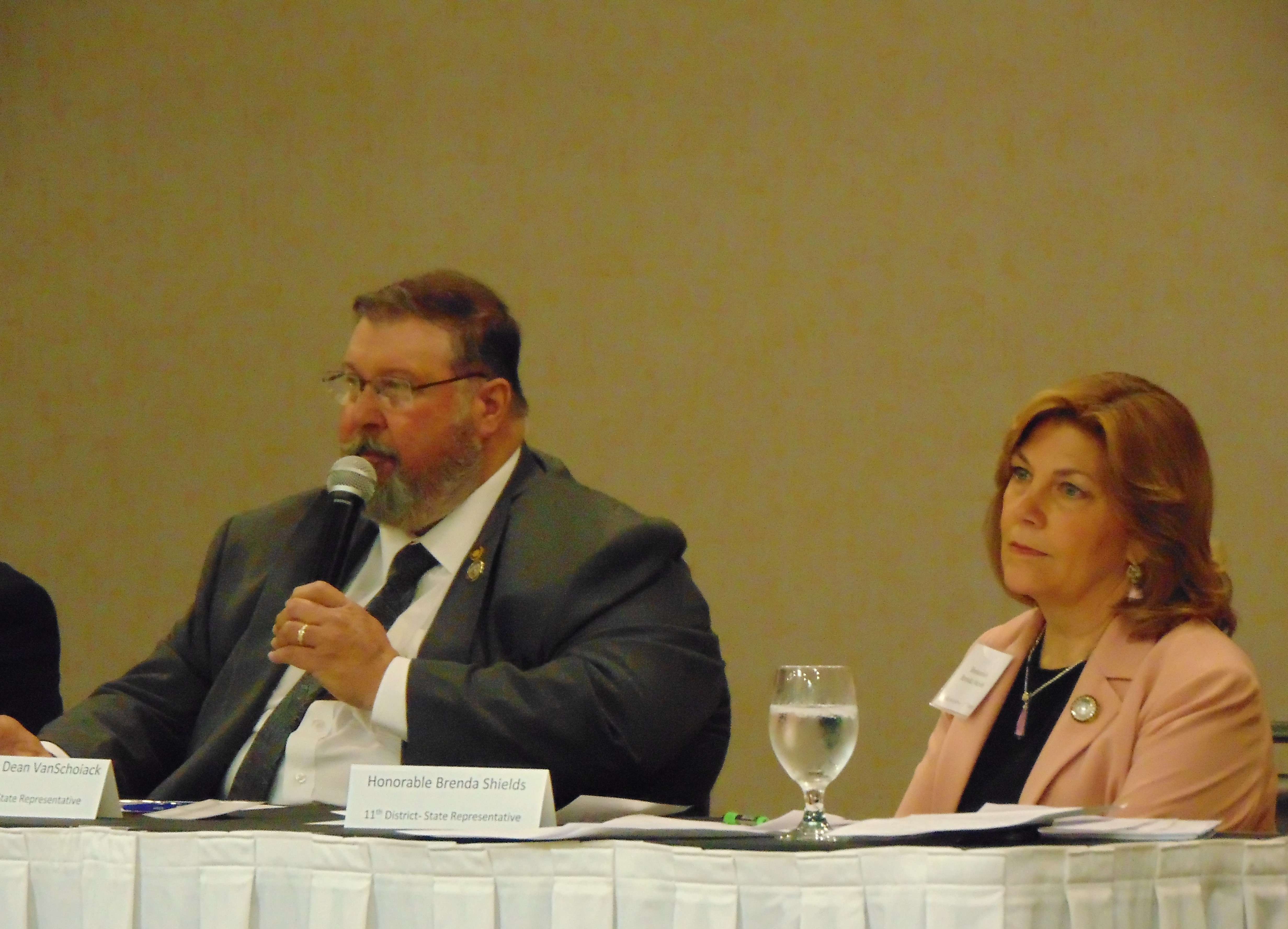State Rep. Dean Van Schoiack speaks during a recent St. Joseph Chamber of Commerce legislative forum as Rep. Brenda Shields looks on/Photo by Brent Martin