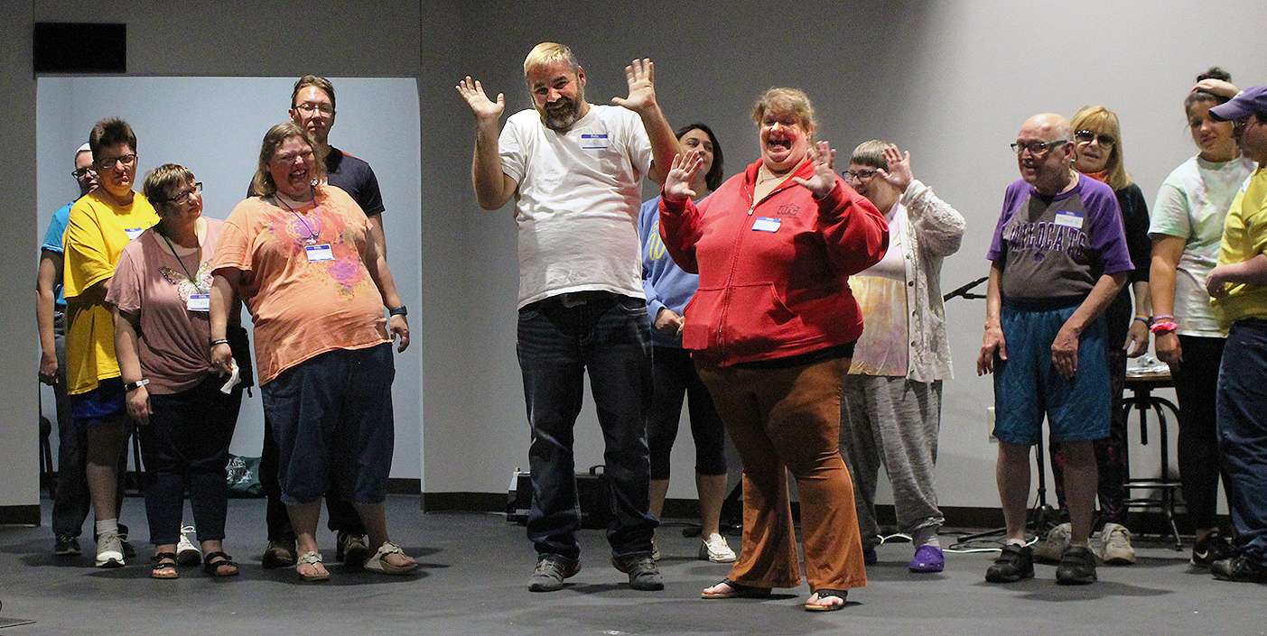 Mimes in the play&nbsp;"The Little Princess" react with excitement as they learn they have won an award from the Princess. The actors are part of the Center Stage Theatre Camp in Hays for individuals with intellectual and developmental disabilities.