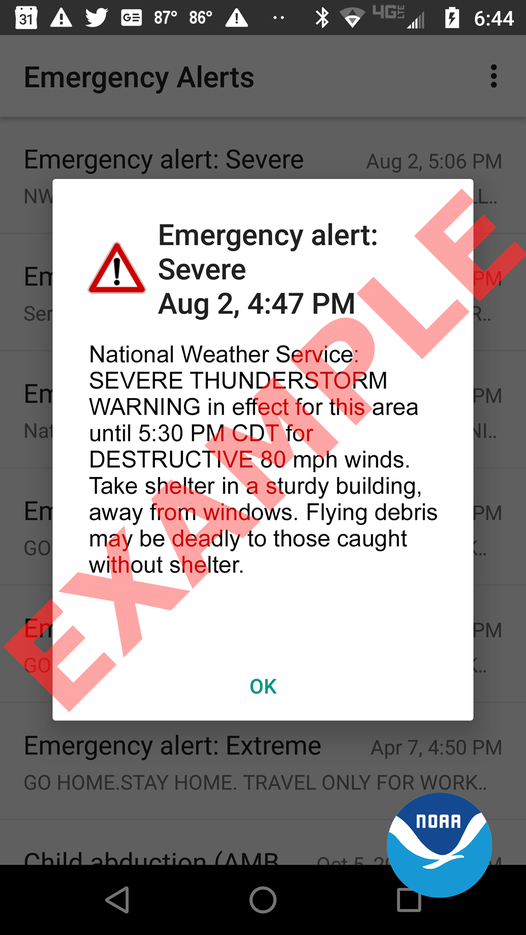 <b>An example of what a destructive severe thunderstorm warning alert would look like. </b>Photo courtesy <a href="https://www.facebook.com/NWS/">U.S. National Weather Service (NWS)</a> Facebook page
