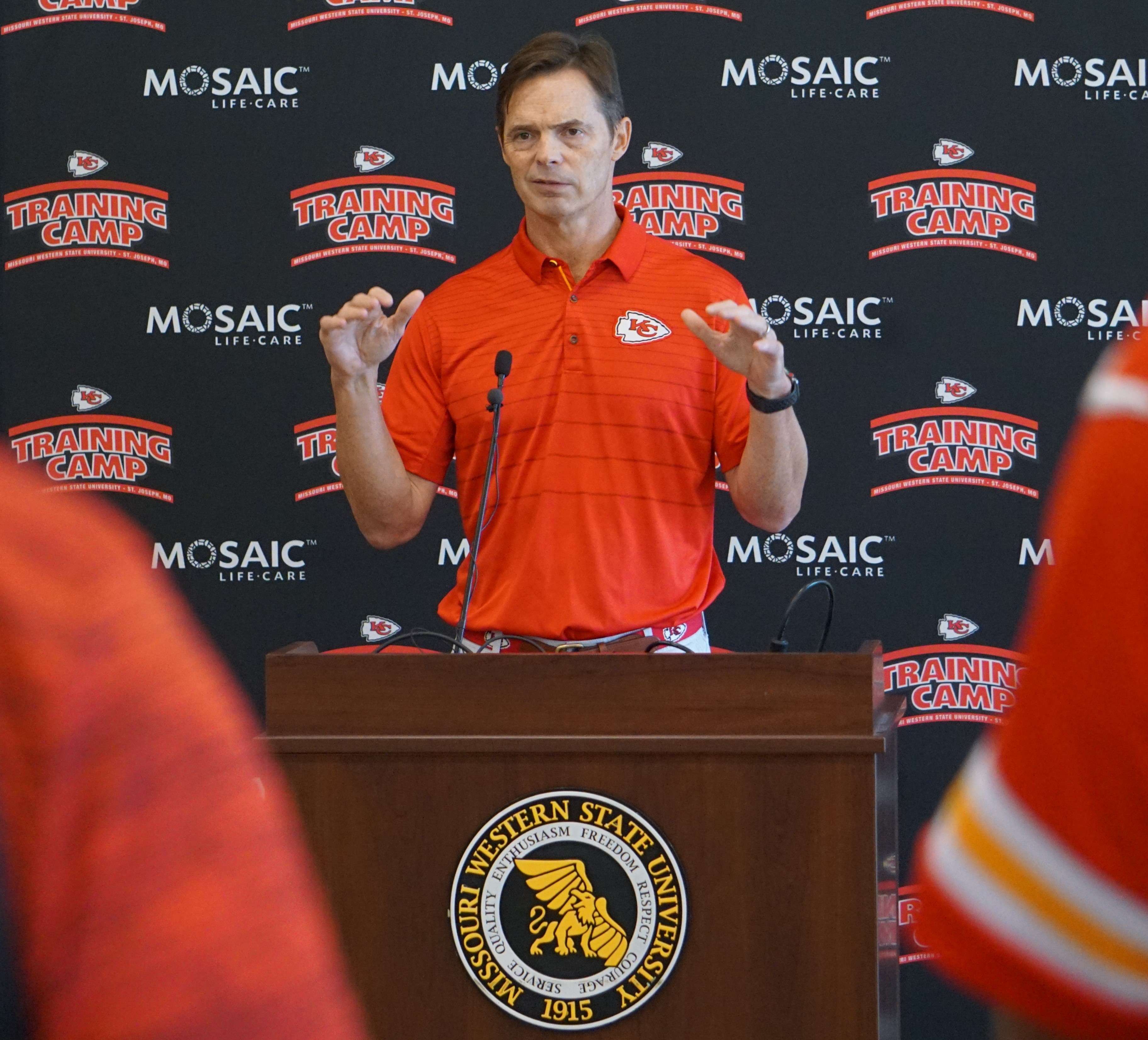 Chiefs president Mark Donovan talks with reporters on Monday at Spratt Stadium to mark the start of Chiefs' training camp in 2021. Photo by Tommy Rezac.