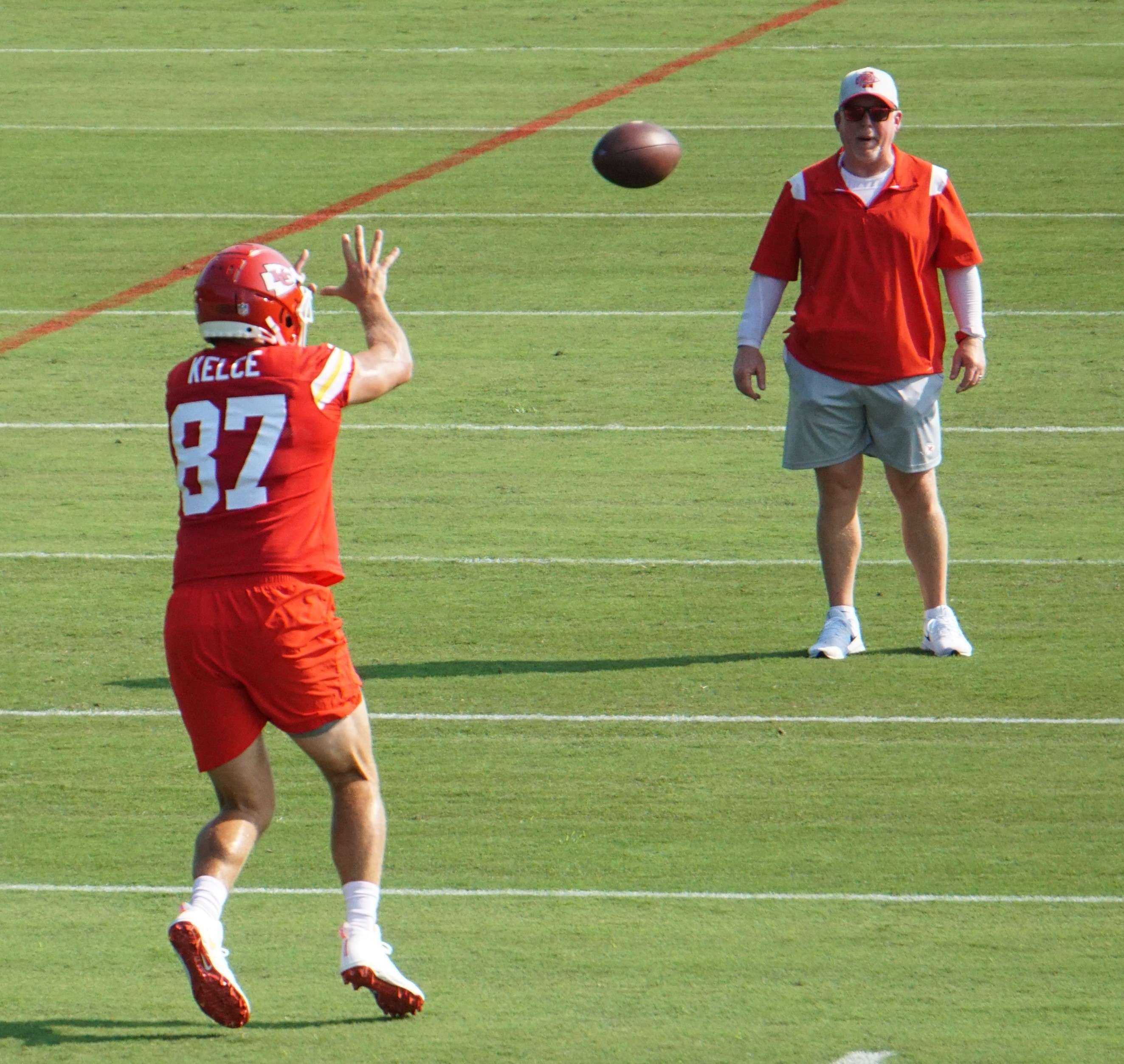 Travis Kelce hauls in a pass during drills.