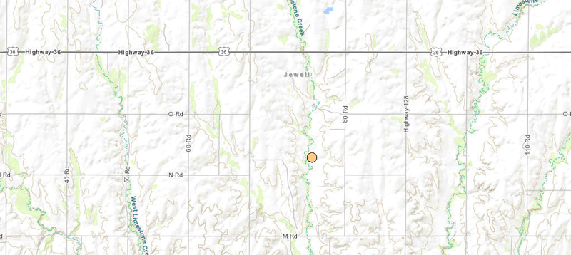 <b>Location of a third earthquake today in Jewell County. </b>Map courtesy Kansas Geological Survey