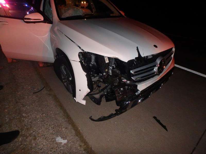 <b>A tire from a trailer traveling in the opposite direction disabled this Mercedes Benz&nbsp; Thursday night on Interstate 70 in Saline County. </b>Photos courtesy Saline County Sheriff's Office