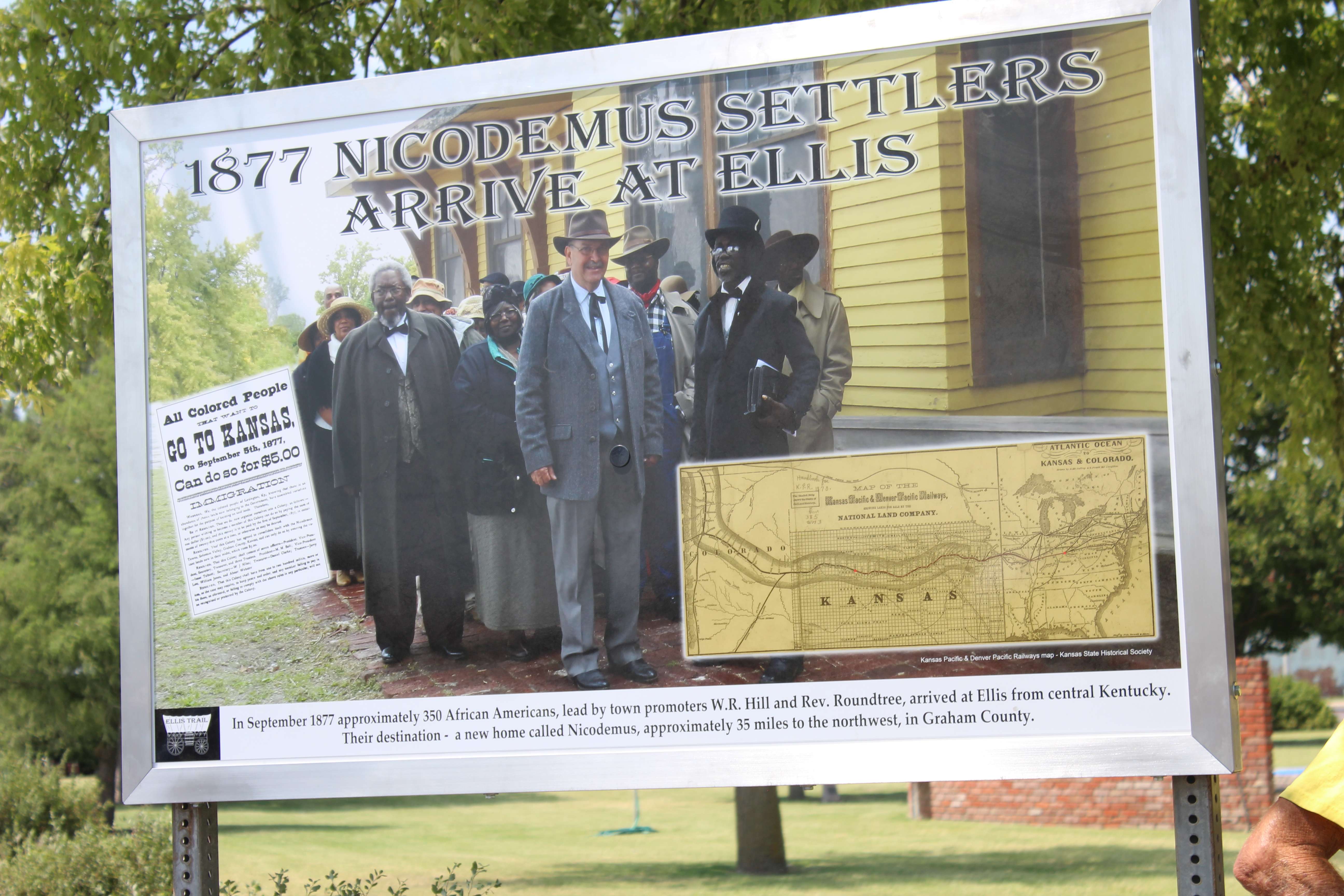 A sign in Ellis that was dedicated Friday to honor the arrival of the Nicodemus settlers in Kansas.