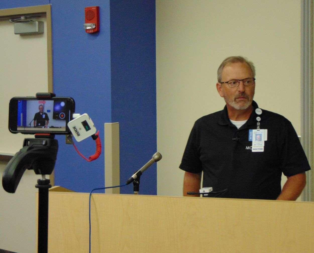 Mosaic Life Care Chief Medical Officer Dr. Davin Turner listened to a question during a news conference/Photo by Brent Martin
