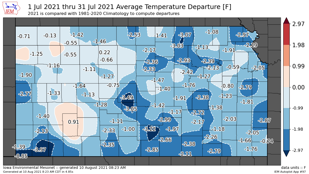 <b>July 2021 average temperature departures from normal in Kansas. Unlike June, much of the state saw cooler than normal temperatures in July.</b> Maps courtesy National Weather Service