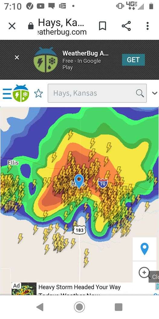 Lightning strikes recorded at 7:10 p.m. during Thursday's thunderstorm that moved through Hays. (Courtesy WeatherBug)