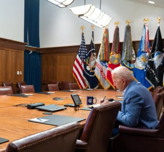 Saturday morning, the President and Vice President held a video conference with the national security team to discuss the efforts to draw down the U.S. civilian footprint in Afghanistan-photo courtesy White House