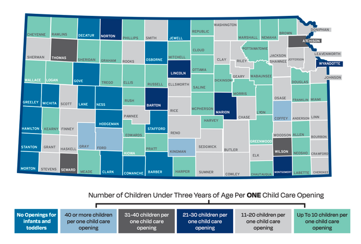 This map of Kansas counties shows how many children are vying for each open child care spot that serves infants and toddlers. Courtesy of Child Care Aware Kansas