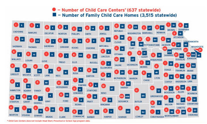 This map shows a snapshot of the child care options available in Kansas counties as of January 2021. The red dots represent center-based care and the blue squares represent home-based care. Courtesy of Child Care Aware Kansas
