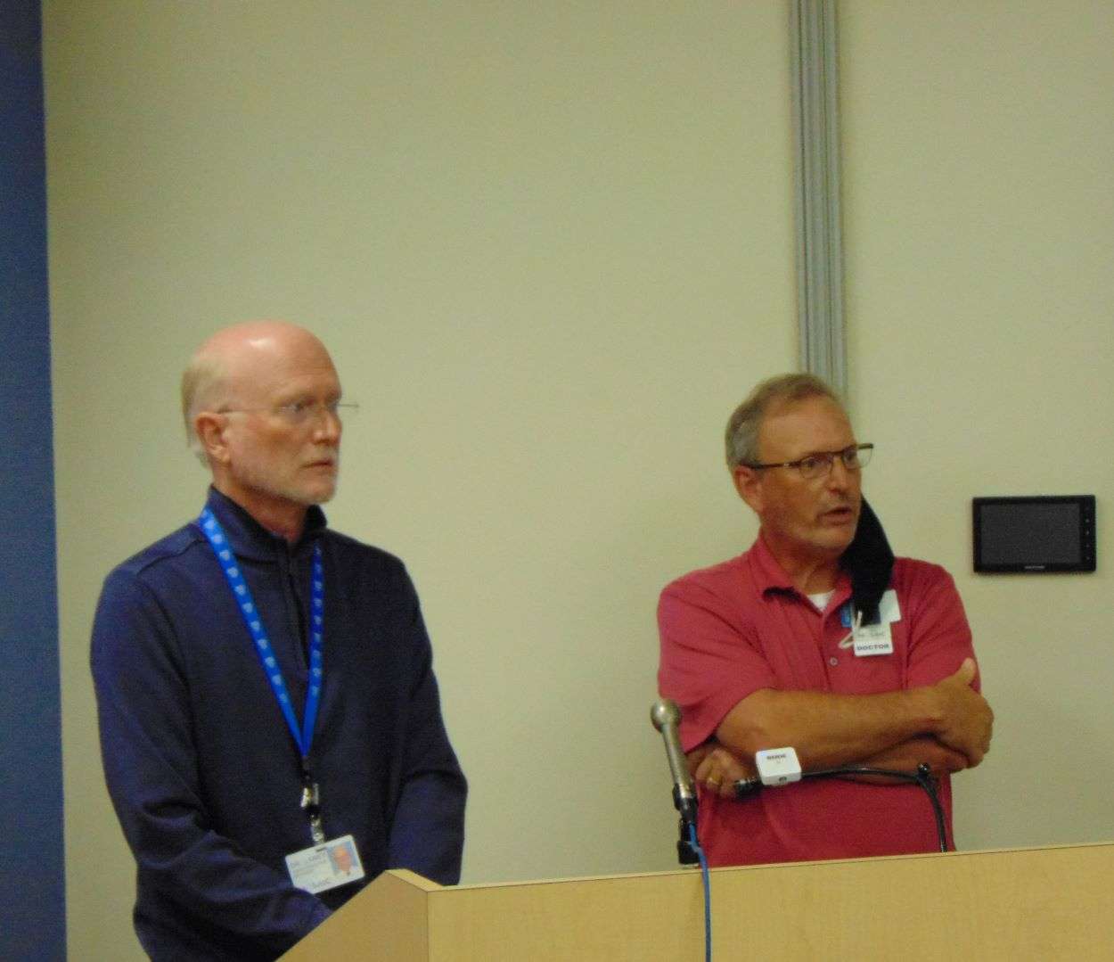 Mosaic Life Care CEO, Dr. Mark Laney (L), and Chief Medical Officer, Dr. Davin Turner, answer questions during a news conference./Photo by Brent Martin