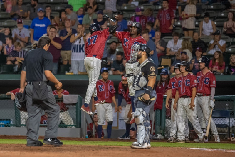 <b>Darnell Sweeney (No. 17) celebrates scoring the go ahead run in the eighth inning.</b> Photo by John Ellis courtesy Kansas City Monarchs