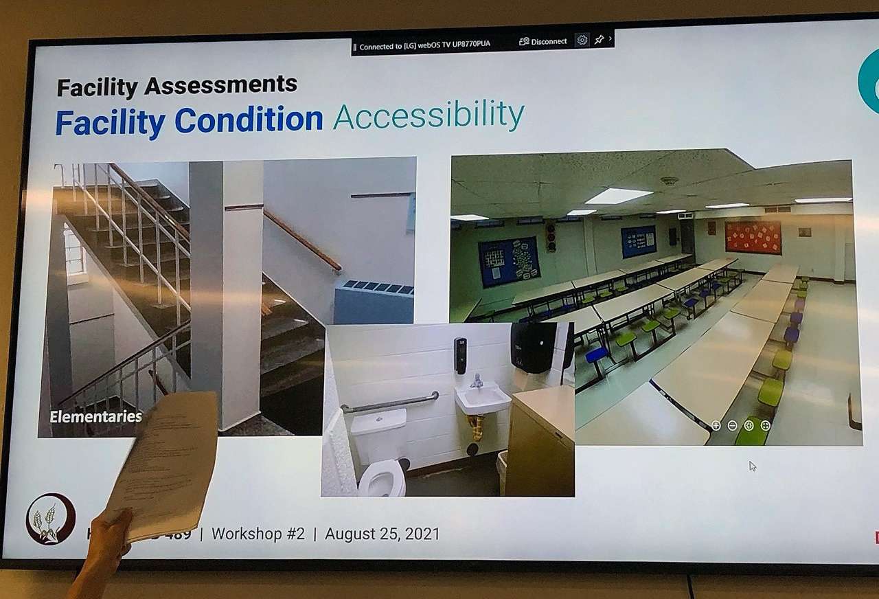 Photos of accessibility issues at USD 489 schools presented at a bond committee meeting Wednesday night. 