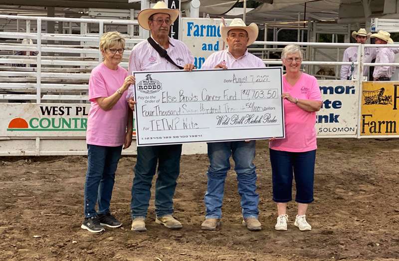 <b>The final amount raised by the rodeo for the foundation was $4835, which was not fully represented on the big check.&nbsp;From left are: Brooks board member Linda Duncan; rodeo chairman Jerry Marsteller; rodeo treasurer Jeff Anderes, and Brooks vice president Linda Bletscher.</b> Photo courtesy Wild Bill Hickok Rodeo