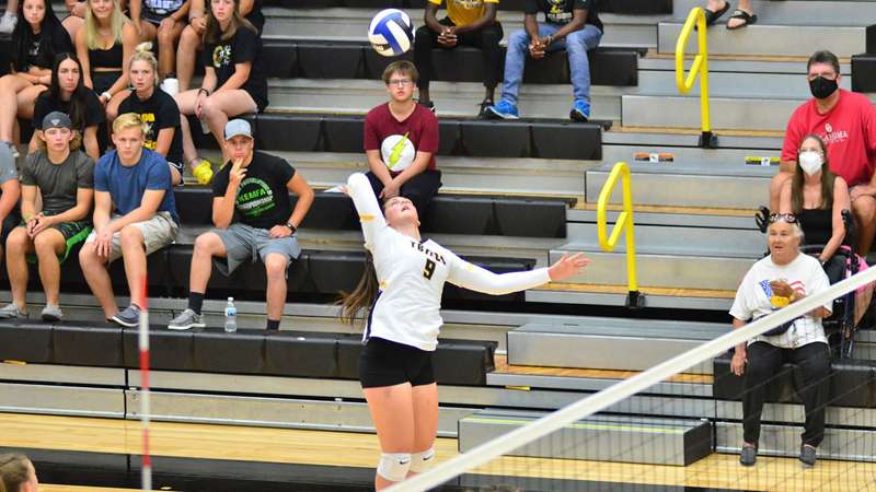 <b>Hollie Stewart finished with double-digit kills for the fourth time this season in a five-set loss at Hutchinson.</b> Photo by Jessica LeDuc courtesy <a href="http://cloudtbirds.com">cloudtbirds.com</a>