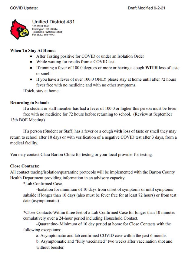 Several students out; Hoisington district revises COVID protocols