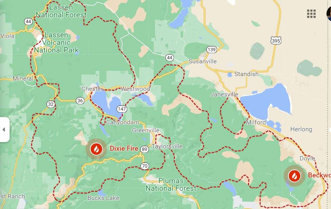 Map of Dixie Fire area as of 09092021 Courtesy Google Maps