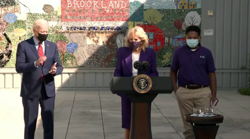“I want folks to know that we’re going to be OK,” Biden said during an appearance with his wife at Brookland Middle School, a short drive from the White House. “We know what it takes to keep our kids safe and our schools open.”-photo White House