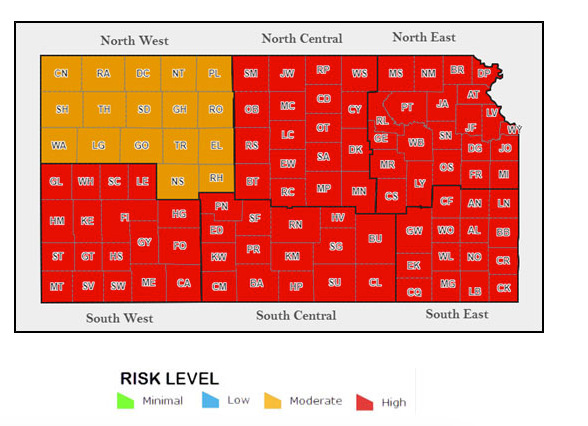 West Nile virus risk level map for the week of Sept. 11, 2021 KDHE image