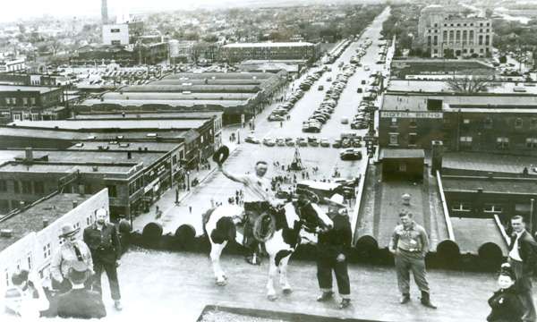 1941 Prairie Pow Wow - Horse on Wiley Bldg. - Rudy Krehbiel on Spot  April B&amp;W. Photo courtesy of Steve Harmon.