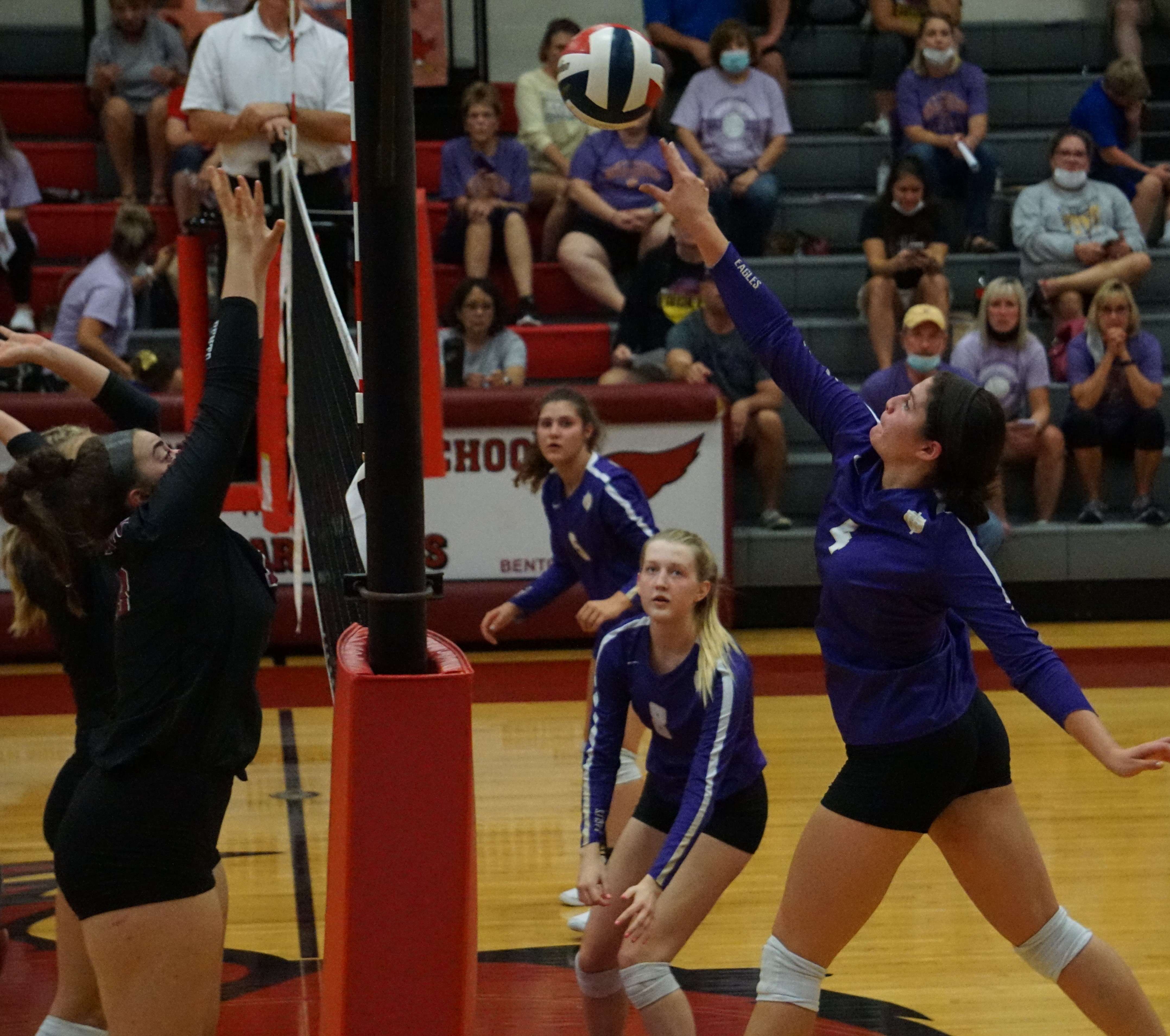 Kianna Herrera (right) in a LeBlond match vs. Benton earlier this season. Stock photo by Tommy Rezac.