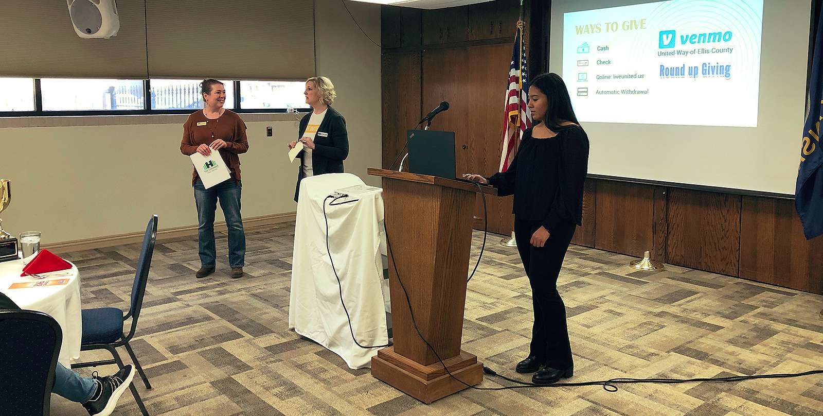 Sarah Wasinger, Hays Chamber executive director, Erica Berges, United Way executive director, and Meleny Jacome, United Way administrative assistant, discuss the United Way campaign at a Chamber Chat Friday at the Hadley Center.<br>