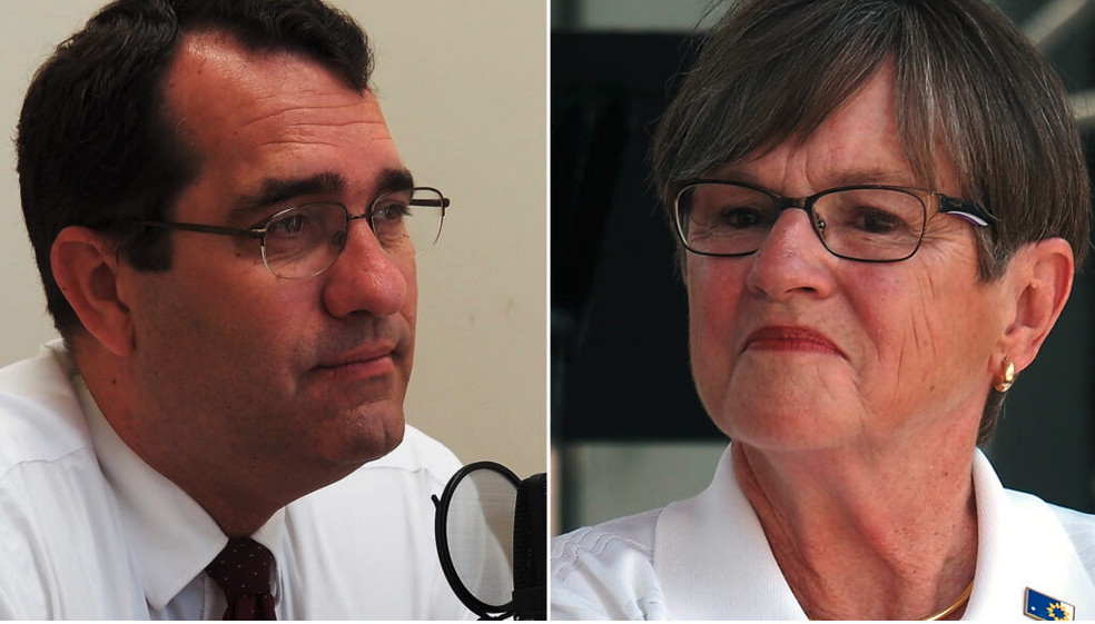 Republican Attorney General Derek Schmidt, a candidate for governor in 2022, and Democratic Gov. Laura Kelly, who is seeking re-election, raised substantial contributions to their campaigns. Kelly reported $2.04 million in donations in 2021, while Schmidt had $1.63 million for the year. (Photos by Sherman Smith/Kansas Reflector)