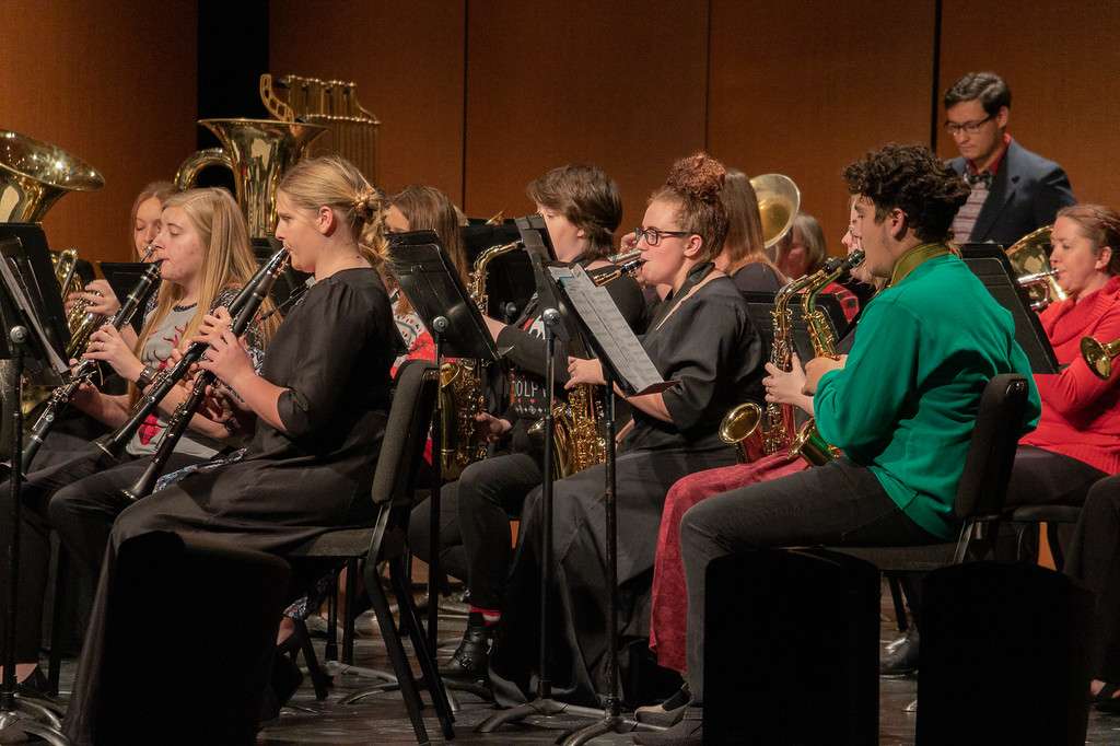 Chadron State College's Wind Symphony and Community Symphonic Band perform during the Holiday Concert Dec. 9, 2021, in Memorial Hall. (Photo by Tena L. Cook/Chadron State College)
