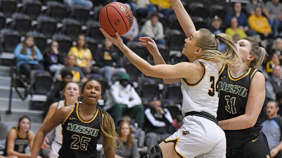 FHSU's Cydney Bergmann drives to the basket Thursday vs. Missouri Southern at Gross Memorial Coliseum (Courtesy FHSU Athletics, Nicole Heitmann)