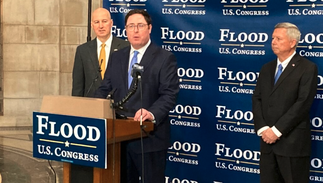 Gov. Pete Ricketts and former Gov. Dave Heineman both endorsed the congressional bid of State Sen. Mike Flood at a January press conference. (Paul Hammel/Nebraska Examiner)