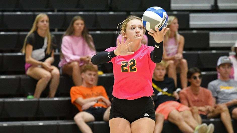 Kirsten Evans serves for FHSU in their match with Northwest Missouri State Saturday at Gross Memorial Coliseum . (FHSU photo/Ryan Prickett)