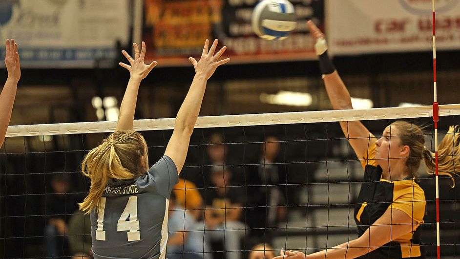 FHSU's Mykah Eshbaugh goes for the kill in vs. Emporia State Tuesday night at Gross Memorial Coliseum. FHSU Athletics photo/Madison Shapland.