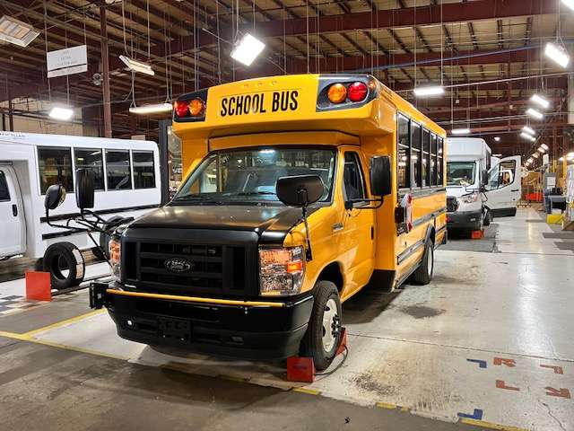 The bus goes through its last check pint before being shipped to its customer.