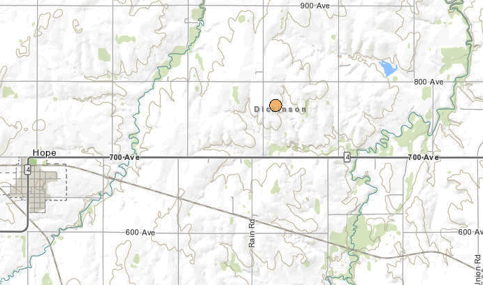 <b>The location of the 8:37 a.m. Sunday, 2.4 magnitude Dickinson County earthquake.</b> Map courtesy Kansas Geological Survey